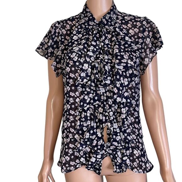 Chaps brand black & white floral print tuxedo ruffle front button up SZ L - Picture 3 of 10